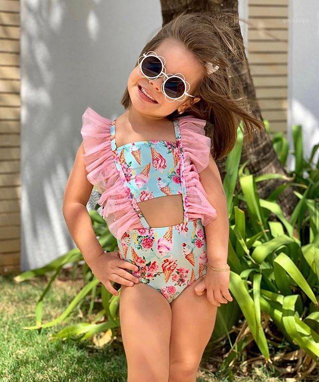 

0-4Y Kids Baby Girls One-Piece Swimsuit Floral Ice Cream Print Bathing Suit Cute Baby Girl Lace Ruffles Sleeve Bathing Suit1