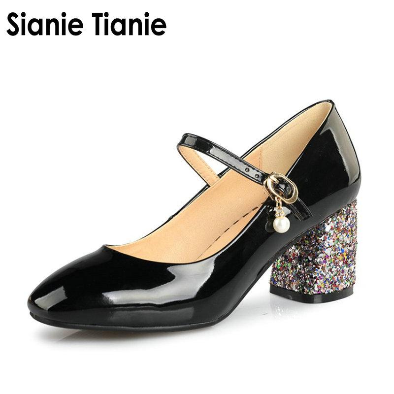 

Sianie Tianie patent pu lolita sweet female dance shoes glitter sequin heels block high heeled woman pumps pearls mary janes, Beige