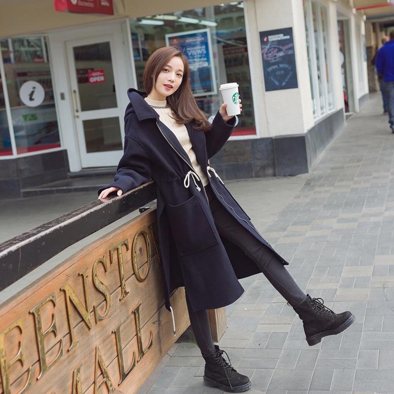 

New Korean Womens Long Coats 2020 Winter Slim Zipper Wool Blend Coat and Jacket Pockets Hooded Ladies Coats, Beige
