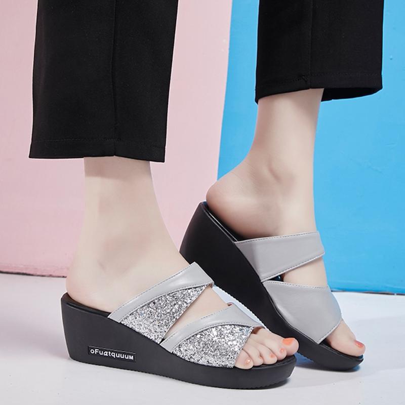 

2020 Summer High-quality Bling Surface Sandals Women Slippers Thick Bottom Women Wedges Shoes Casual Sandals High Heels Platfrom, Silver