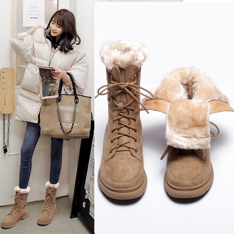 

2021 Women Snow Boots Non-slip Short Boots Thick Fur Platform Mid Calf Winter Warm Shoes British Style Black Beige