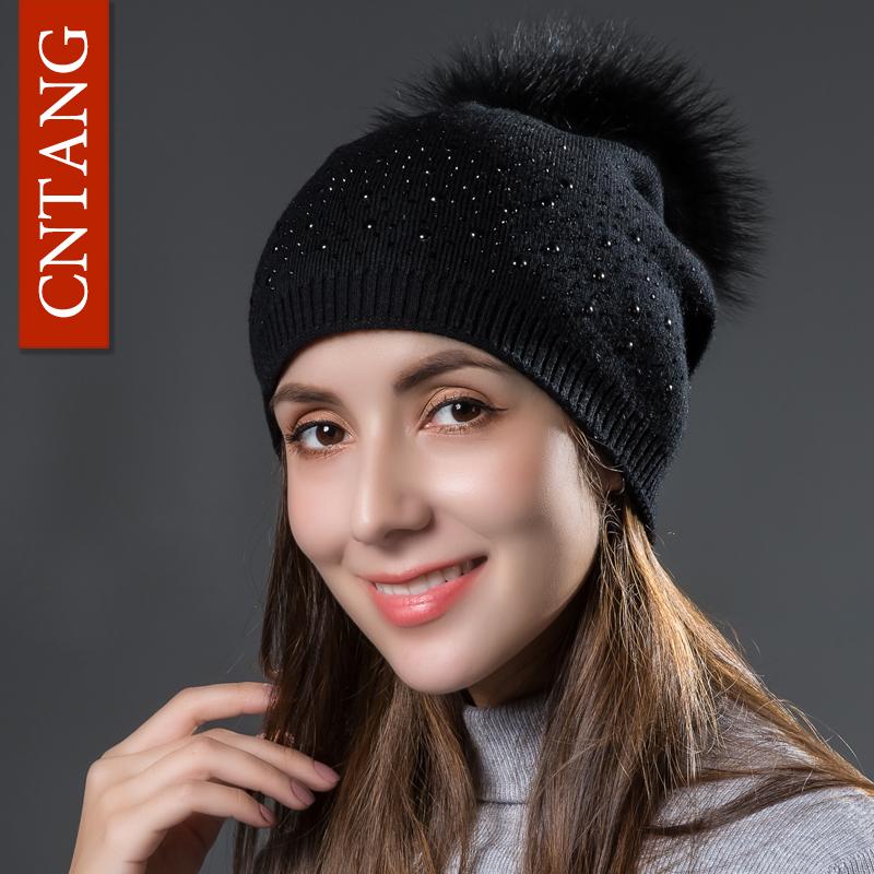 

CNTANG Wool Knitted Warm Hats Fashion Round Rivet With Real Fur Pompoms Women Elegant Caps Beanies Autumn Winter Hat For Ladies, White