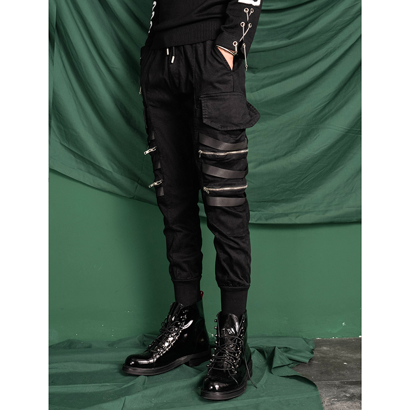 

2021 New Hip Hop Nine-point Legs Small Pants Men with Big Pockets Harem Pants. 6DSH, Black.