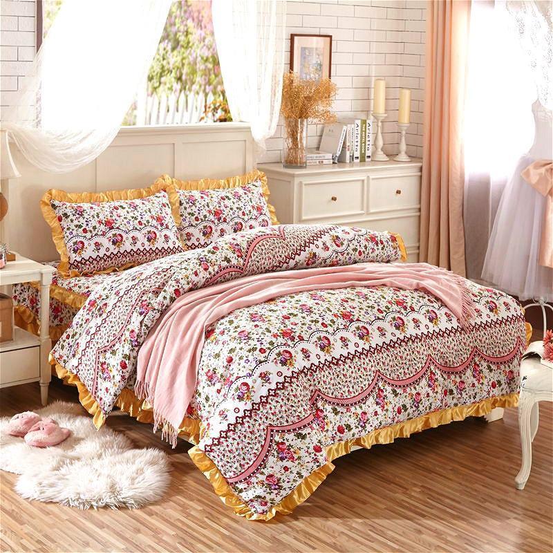 

45 Shabby Chic Floral Duvet Cover Set 100% Cotton Soft Bedding set with Quilted Cotton Bedskirt Pillow shams Queen King size1, Color 15