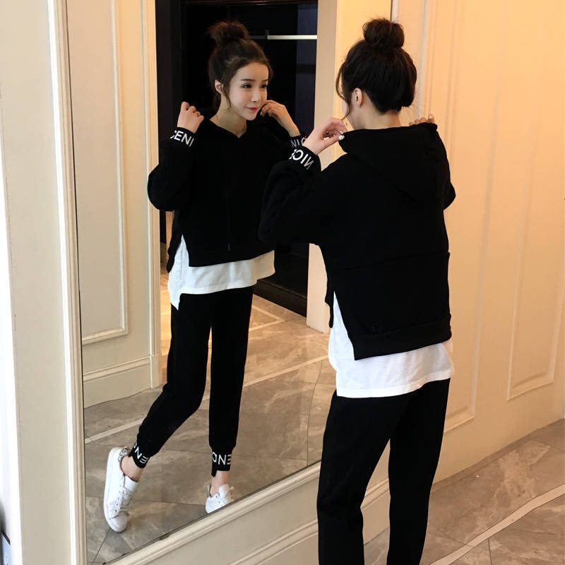 

Set Training 2pcs Suits for Women with Casual Hoodies Shirt+ Sweatpants 2 Parts Define Women's Coat Suit M5ii, Black