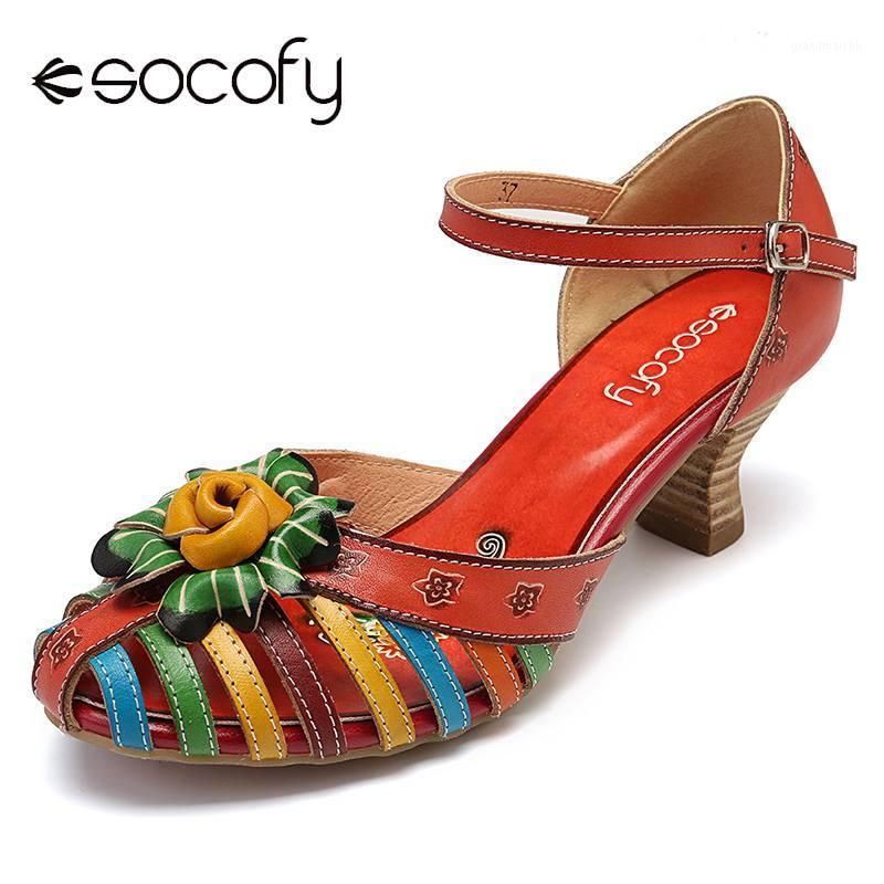 

SOCOFY Elegant Floral Colorful Genuine Leather Splicing Winebowl Heel Fisherman Sandals Elegant High Heels Summer Sandals1, Green