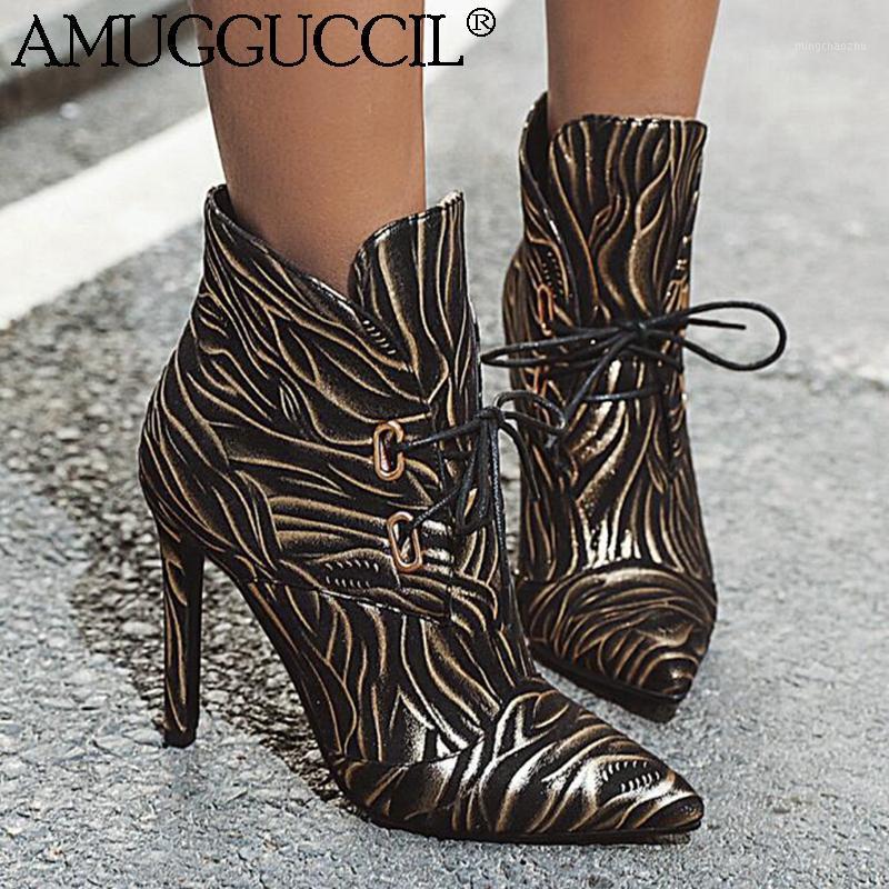 

2020 New Plus Big Size 32-47 Black Gold Silver Lace Up Fashion Sexy High Heel Females Lady Ankle Autumn Winter Women Boots X19571