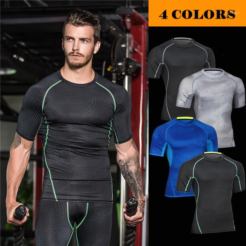 

New 2020 Workout clothes men's basketball GYM running training elastic compression quick dry Scales printed tights short sleeve1, Blue