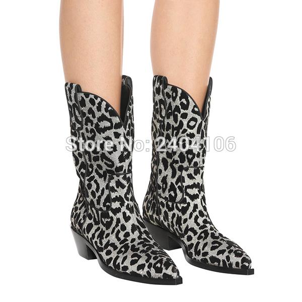 

Shooegle Mixed Colors Leopard Print Ladies Shoes Autumn Winter Slip On Mid-calf Botas Sexy Pointed Toe Block Heel Boots Women, As pic