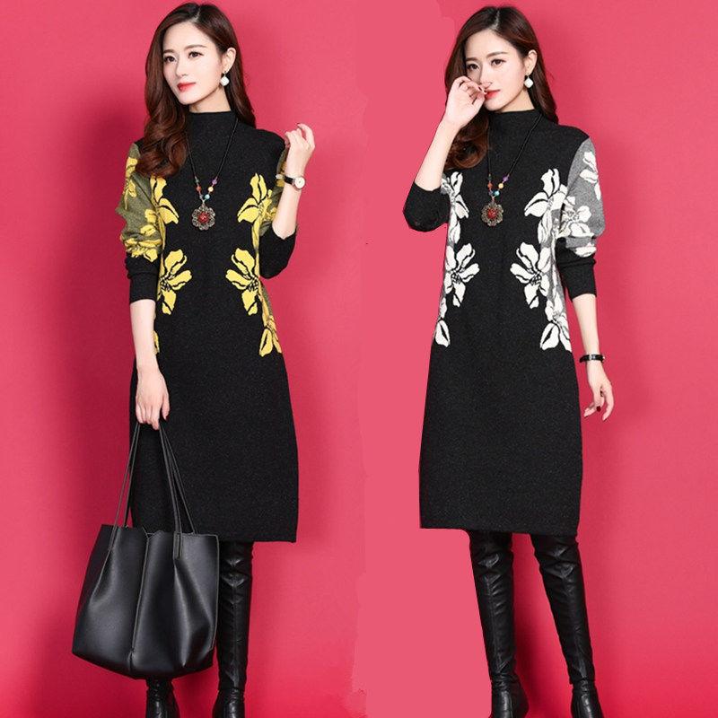 

Winter Sweater Dresses for Women Autumn Casual Turtleneck Full Sleeve Printed Knitted Dress Elegant Ladies Office Sweater Dress, Red