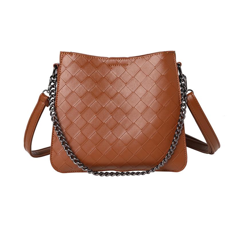 

Leather Woven Bucket Bag 2021 Trendy Chain Shoulder Bag Large Capacity Plaid Crossbody Bags For Women Luxury Handbags, Black