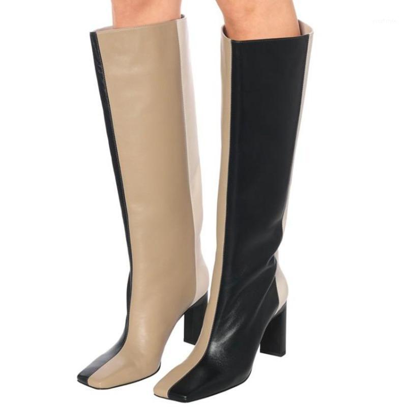 

DEAT] 2021 Square Toe Solid Color Pu Leather Zipper Single Shoes Women Cool Boots New Autumn And Winter Fashion Tide SG9931, Brown stitching