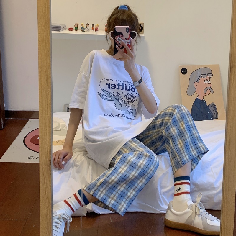 

HOUZHOU Blue Plaid Pants Women Plus Size Checkered Pants Women Korean Style Casual Trousers Women Oversize Korean Pants 201106, T-shirt