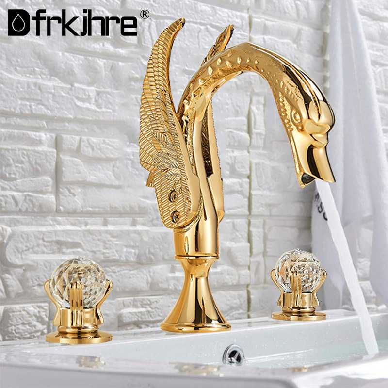 

Swan Basin Faucet Golden Deck Mounted 3 Holes Widespread Bathroom Vessel Sink Mixer Tap Dual Crystal Handles Cold Hot Mixer Tap