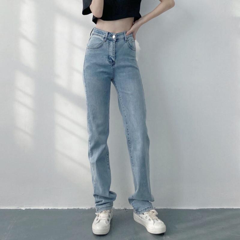 

Korean Ladies Straight Leg Jeans High Waist Washed Slim Vintage Denim Baggy Pants Trousers Bleached Blue Jeans Woman Outfits