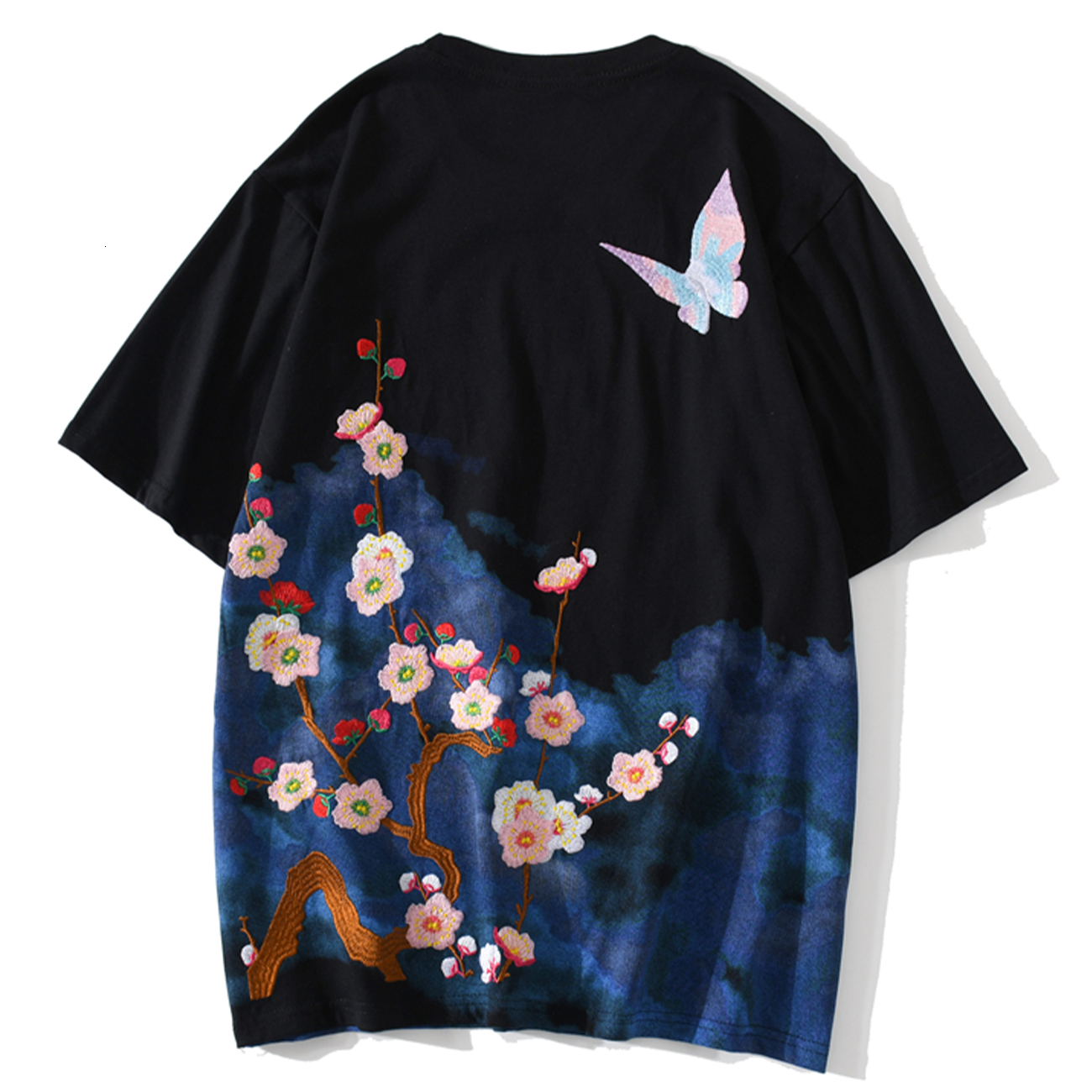 

2021 New Embroidery Hip Hop Butterfly t Shirt Men Japanese Style Harajuku Tees Shirts Cotton Oversize Short Sleeve Tops B0d2, Black
