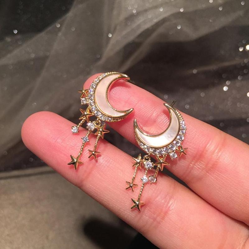 

2021 New Trendy Moon Tassel Zircon Drop Earrings For Women Temperament Crystal Pearl Pendant Earring Girl Party Jewelry Gift