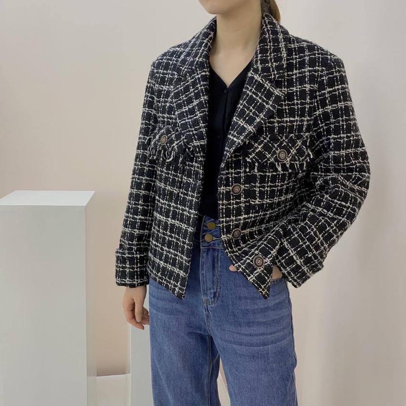 

winter long style commuting lattice retro design black thickened European and American straight tube suit collar coat