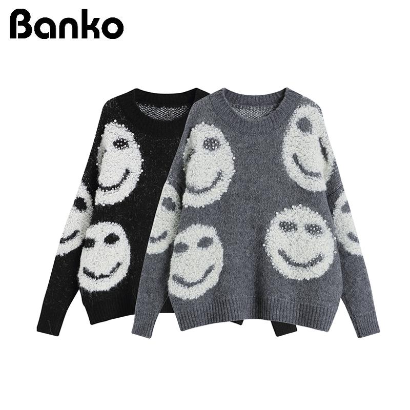 

Oversized Pearl Smile Pattern Women Sweaters And Pullovers Long Sleeve Chunky Stretchy Knitted Tops Female Black&Grey Sweaters