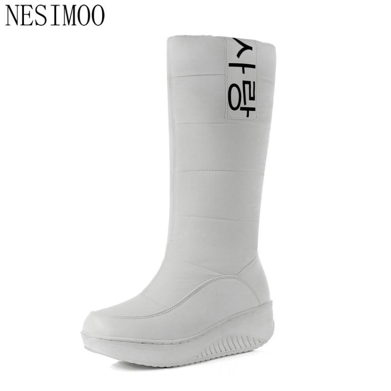 

Size 35-40 Black Western White PU leather+Down Mid-Calf Round Toe Wedge Med Heel Boots Women Snow Boots Wedding Snow