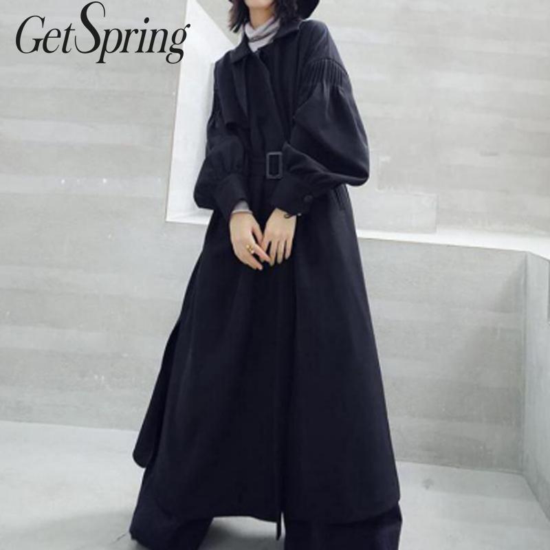 

GETSPRING Women Trench Coat Lantern Sleeve Bandage Irregular Long Trench Coats Black Vintage Loose Winter Overcoat 2020 New
