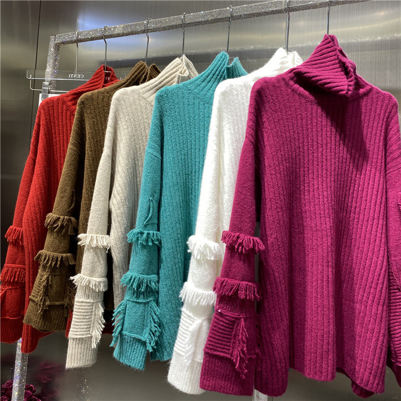 

2021 End Designer Women's Blouses New Alpaca Thick Woolen Turtleneck High Pullovers Fashion Frilly Pure Mesh Top TA7J, Turquoise