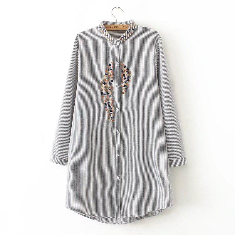 

Women Elegant Plus Size Top Embroidery Long Shirts Striped Full Cotton Long Sleeve Loose Blouse Stand Collar Casual Blusas Femm, Black