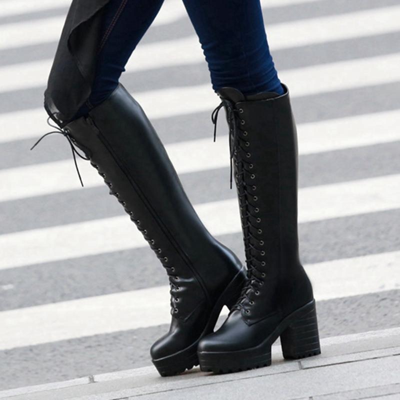 

DORATASIA Women High Heels Black Mid Calf Shoes 2020 Platform Boots Women Fashion Classic Solid Lace Up Winter Boots1