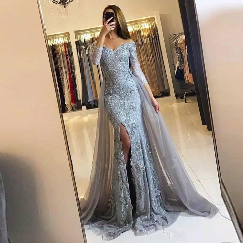 

New arrival prom party evening dresses full sleeves Muslim gown lace dress mermaid robe de soiree sexy side slit black V-neck
