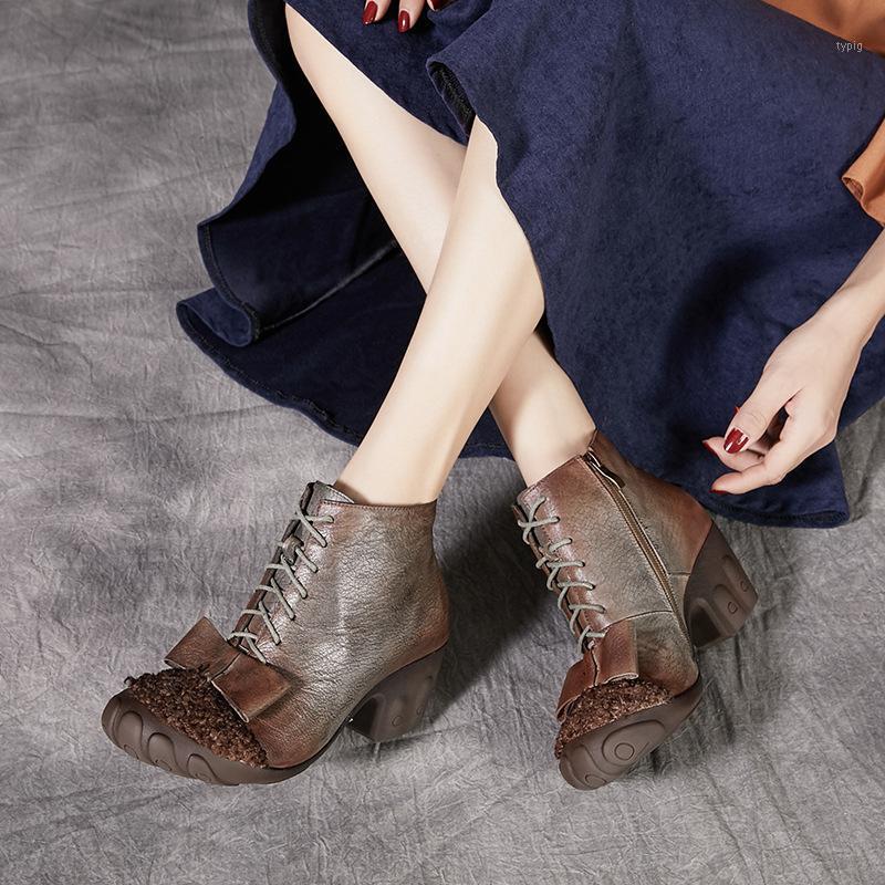 

Women Winter Ankle Boots Genuine Leather Woman shoes 2020 Thick Heels Retro Round Toe Lace-up Flower Short Boots Ladies Shoes1, Gray