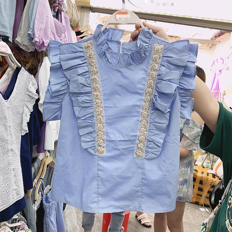 

Butterfly Sleeve Diamonds Beading Blouse Women Stand Collar White Shirt Top 2020 Summer Korean Loose Elegant Blusa1