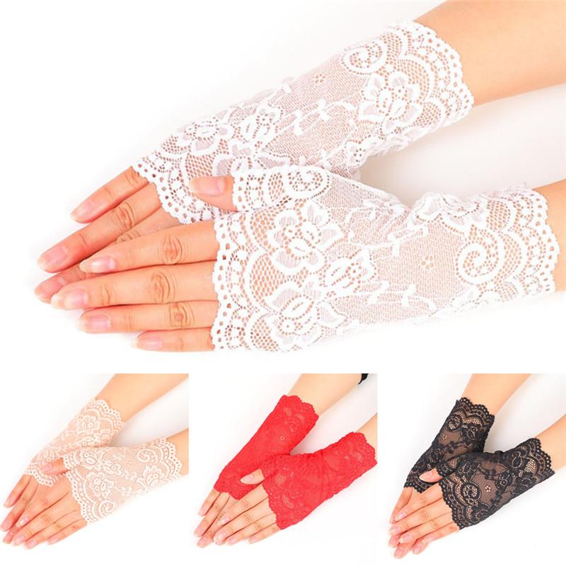 

Summer Thin Lady's Fingerless Black Floral Lace Gloves Gothic Sexy Short Hollow White Red Party Gloves UV-Proof Driving