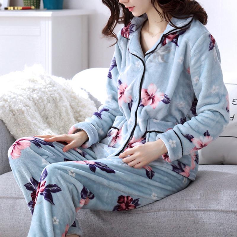 

2 Pieces Winter Women Thicken Warm Soft Pajamas Female Flannel Pajamas Set Mujer Long Sleeve Sleepwear for Girls Lady Pyjamas