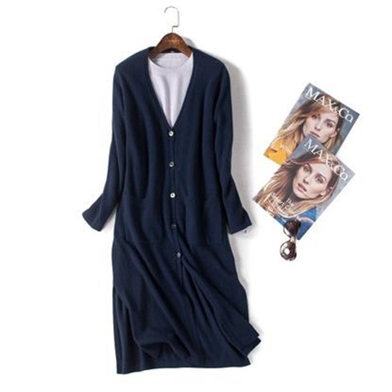 

2021 New Cashmere V-neck Women Autumn Winter Regular Casual Knitted Sweater Woman Coats Robe Pull Femme Hiver Long Cardigan Thcb, Navy blue