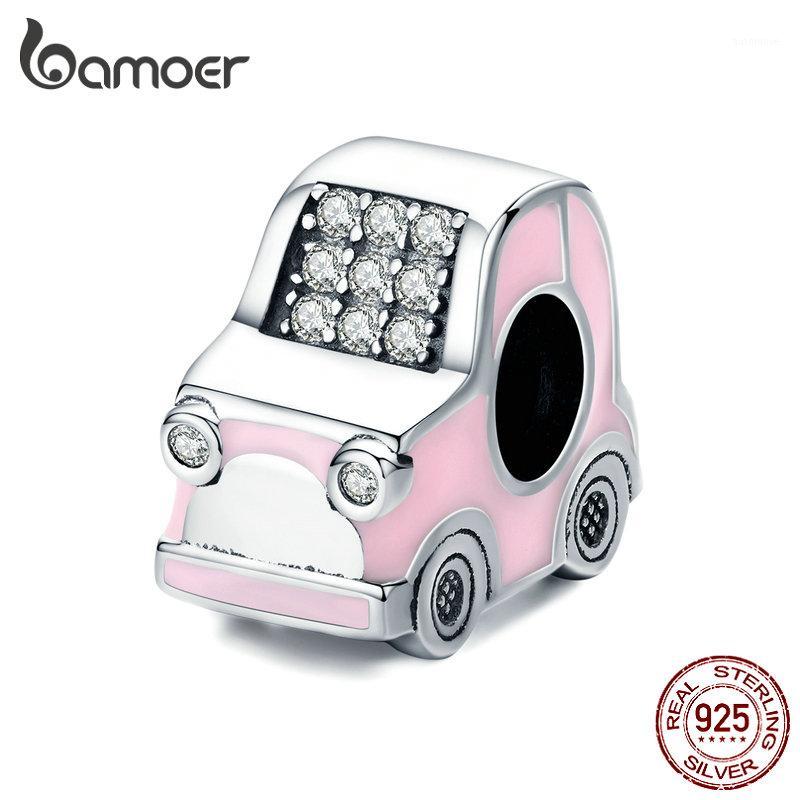 

bamoer Mini Car Pink Enamel Metal Charm Clear CZ Bead fit Female Original 925 Charms Bracelets or Bangle Fashion Jewelry SCC13801