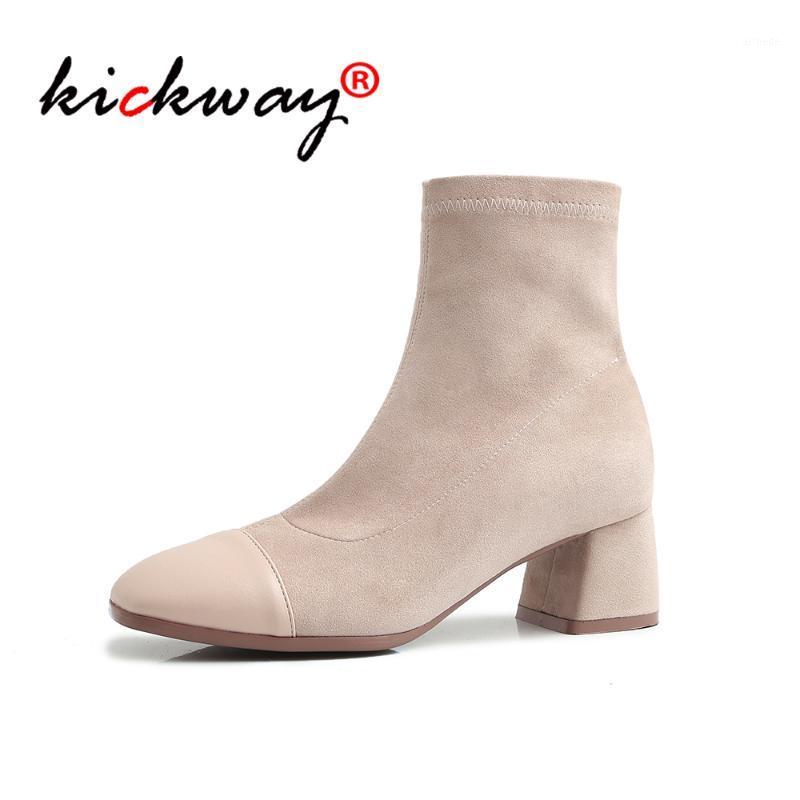 

2020 New Stretch socks ankle boots Women Slip-on ankle boots spring winter elegant Square high heels shoes female Plus size 431, Beige fabric inside
