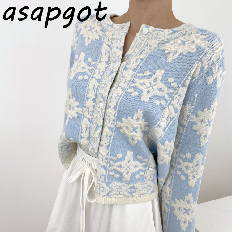 

Asapgot Loose Blue O Neck Single-breasted Knit Cardigan Sweater Coat Embroidery Floral Sweet Chic Fashion Retro Lazy Gentle Wild 210204
