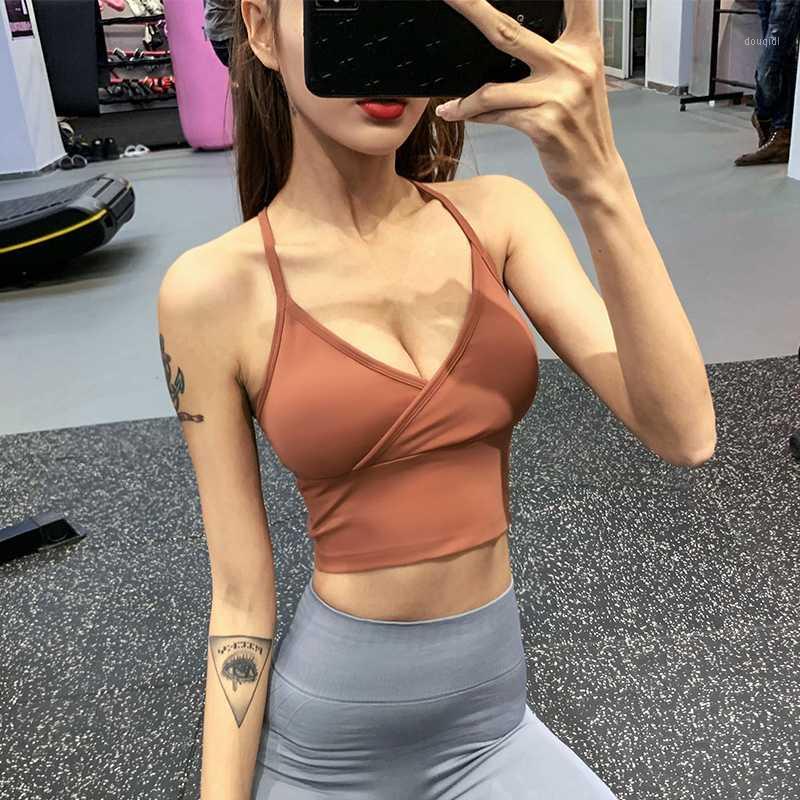 

Women Spaghetti Strap Deep V Neck Sports Bra Workout Female Top Crop Fitness Active Wear For Yoga Gym Tank Top Vest With Padded1, Black