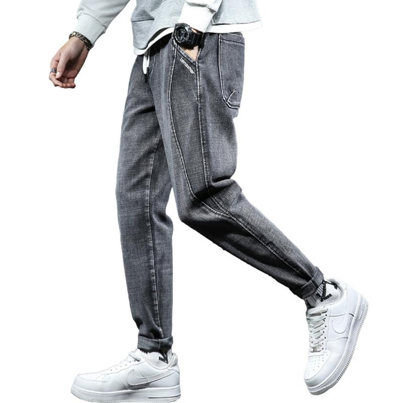 

7XL plus size pants autumn winter new elastic denim jeans large size waist tie rope made old simple loose jeans men, Blue gray