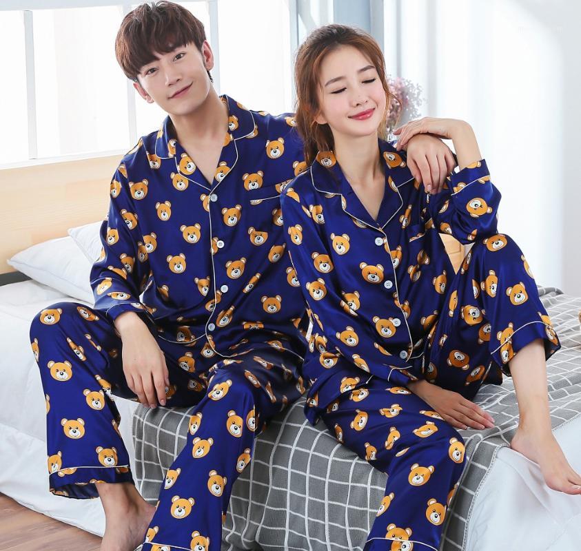 

New Arrivals 2018 Lovers Pyjamas Women Silk Satin Pajama Sets Cartoon Bear Couple Pajamas For Women Sleepwear Sets Pijama Mujer1, 004 women(short)