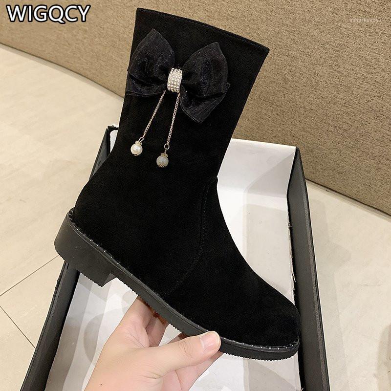 

2020 autumn winter new short boots women's flat cotton boots low-heel snow bow thick-soled mid-tube Martin1, Black light board