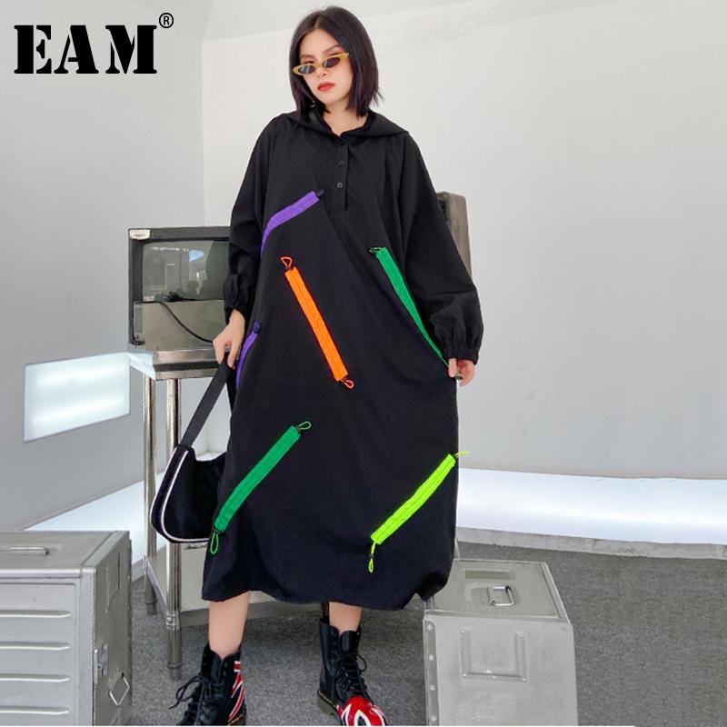 

EAM] Women Black Colorful Zipper Big Size Long Dress New Round Neck Long Sleeve Loose Fit Fashion Spring Autumn 2020 1Y714