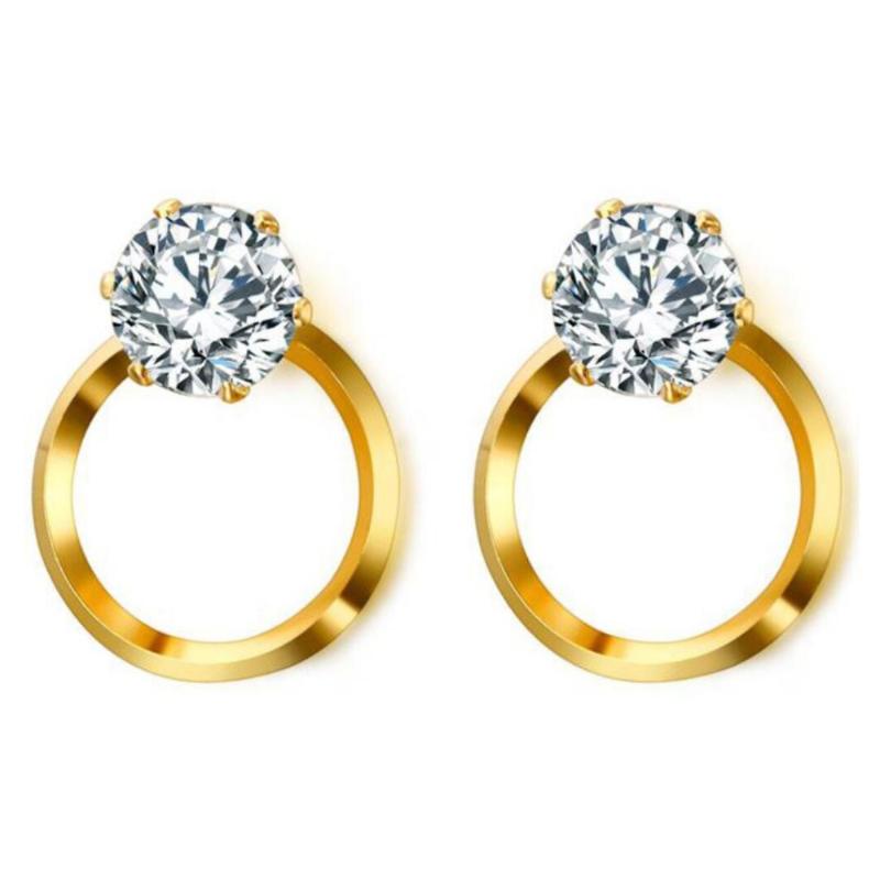 

Elegant & Charming Wedding Gold-Color Stainless Steel & Clear CZ Crystal Round Circle Stud Earrings For Women Fashion Jewelry