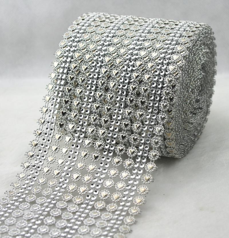 

16 Row Rhinestone Mesh Ribbon Silver Heart Silver Diamante Wedding Table Wrap