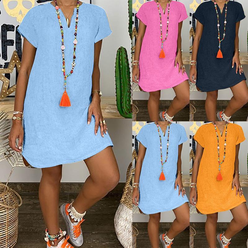 

Holiday Summer Dress 2020 Women Loose Leisure V-collar Short Sleeve lounge Bohemian Dresses Sundress Vestidos Loose Beach, Pink