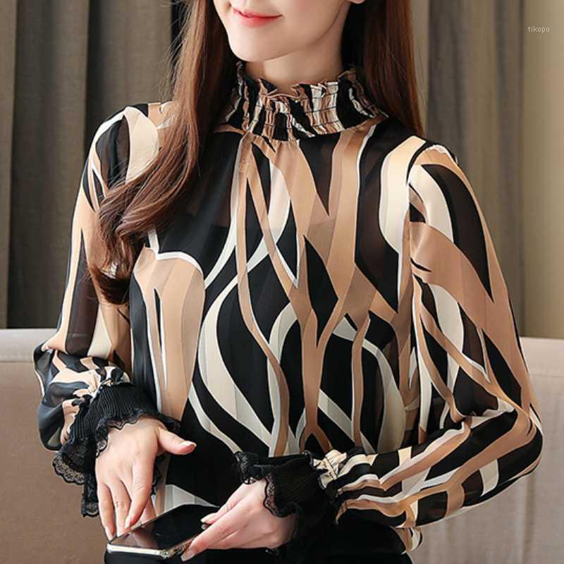 

blusas mujer de moda 2020 spring long sleeve women shirts stand collar striped chiffon blouse women womens tops and blouses C4171