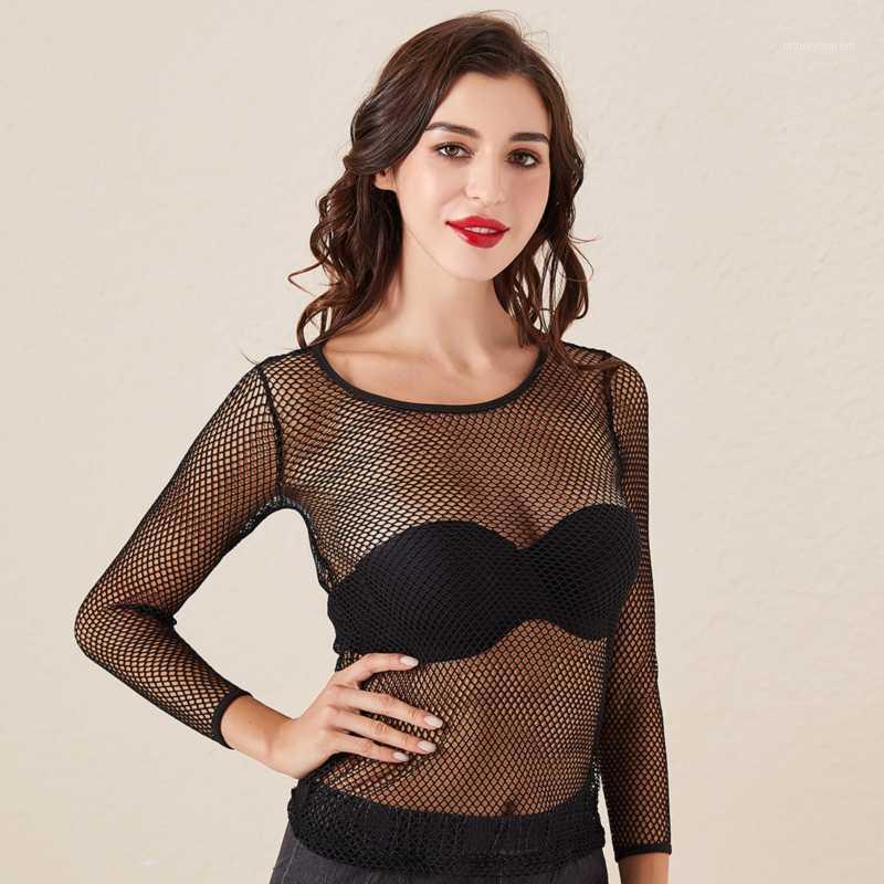 

New Women' Summer Sexy Long Sleeve See Through Mesh Grid Slim Tops Solid Color Round Neck All-match T-Shirt1, Black