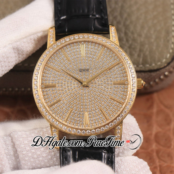 

TWF Traditionnelle 81579/000G-9274 Full Paved Diamonds Dial 18K Yellow Gold Miyota 9015 Automatic Mens Watch Black Leather Puretime PTVC B2, (accessories) extra strap