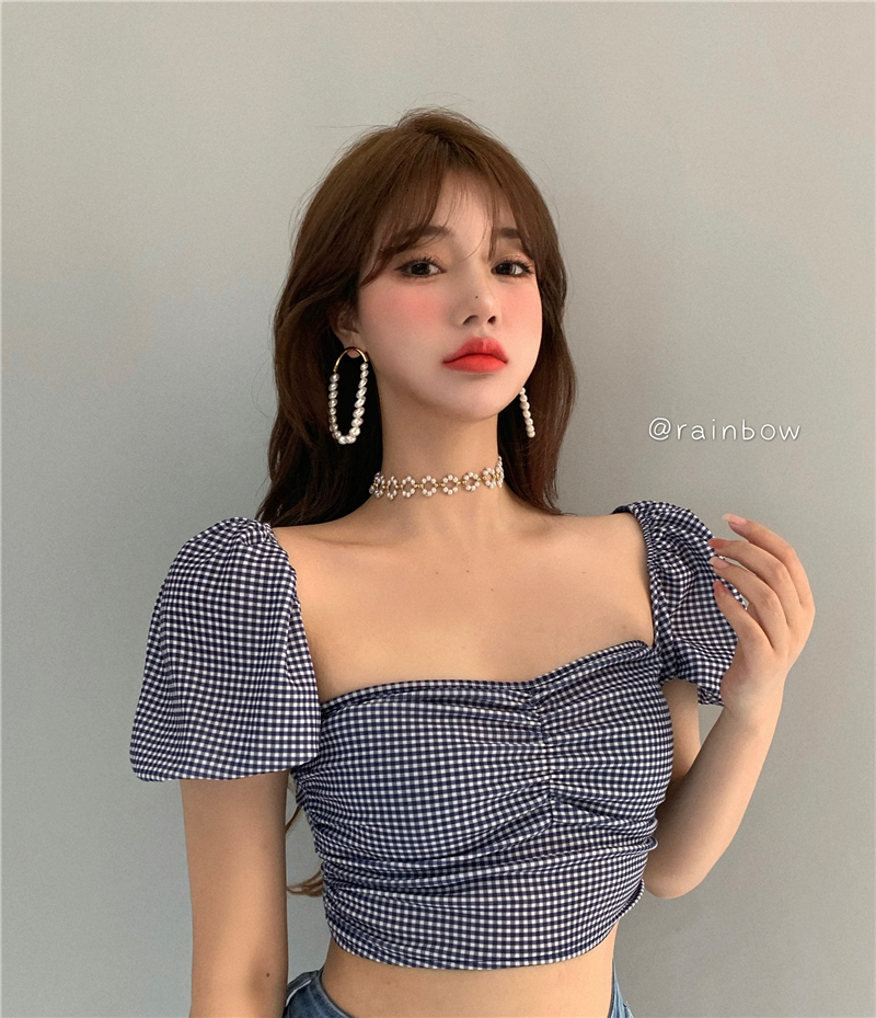 

2021 New Korean style sweet short female sleeve plaid shirts summer off (r98136) 9URJ, Black