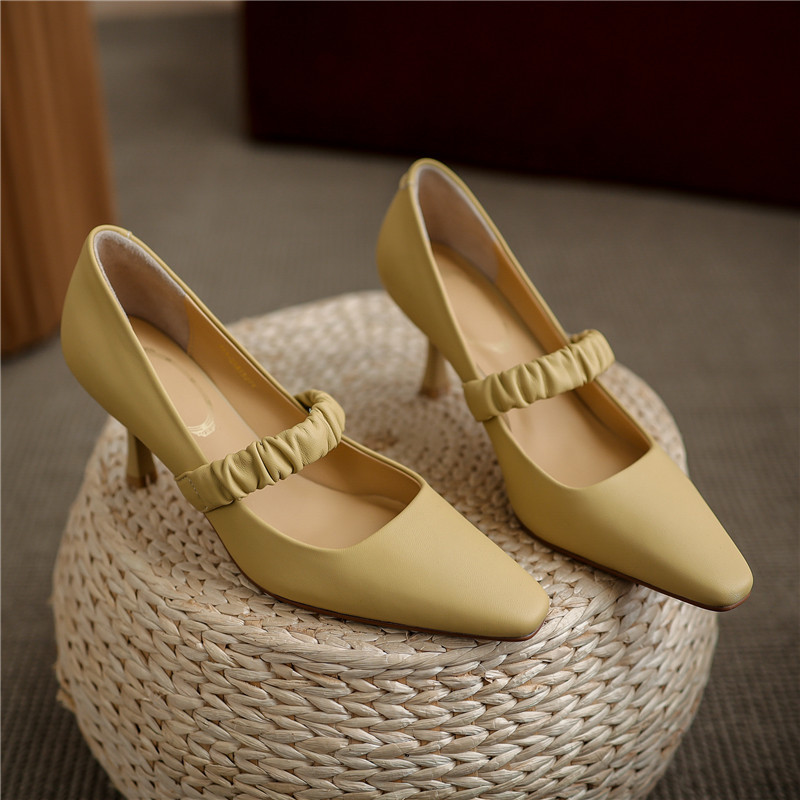 

2021 New Arrival High-heeled Sheep Party Shoes Shallow Female Apricot 2HND